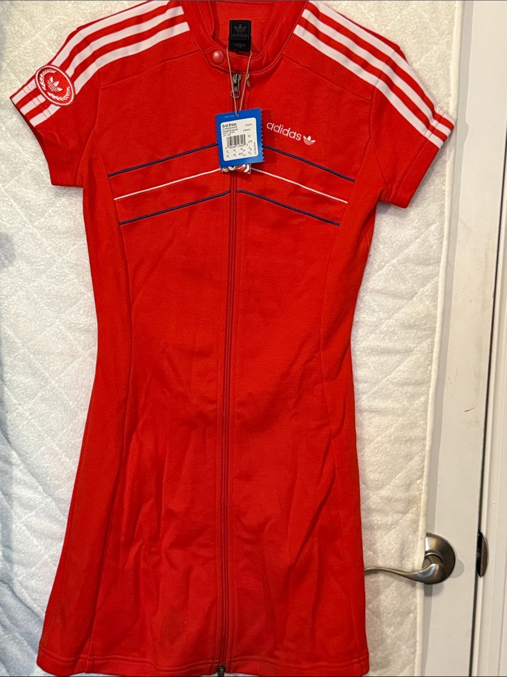 ADIDAS 2004 Red Zip-Front Grid Dress with White Stripes Small Stretch fit.